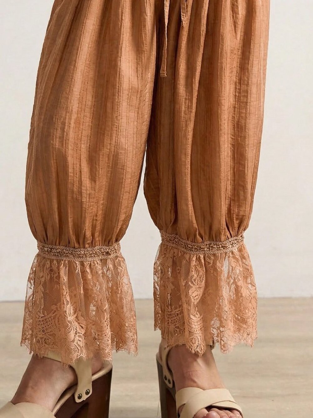Brown Casual womens  Stretchy Waist Lace hem Bloomers Pants - Picture 7 of 7